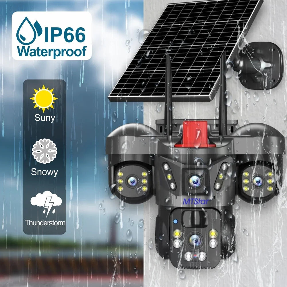 15MP 4K Solar Wifi Security Camera 3 Lens 3 Screens PTZ 10X Zoom Outdoor Wireless Secure 360 Auto Tracking Smart Home CCTV Cam