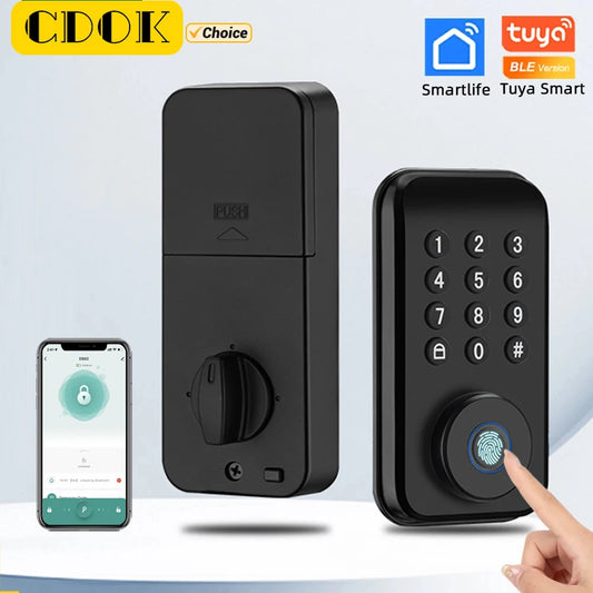 CDOK DS02 Tuya Smart Fingerprint Deadbolt Lock with Latch/Door Sensor Auto Lock Key/Password/ Tuya Smartlife APP Unlock