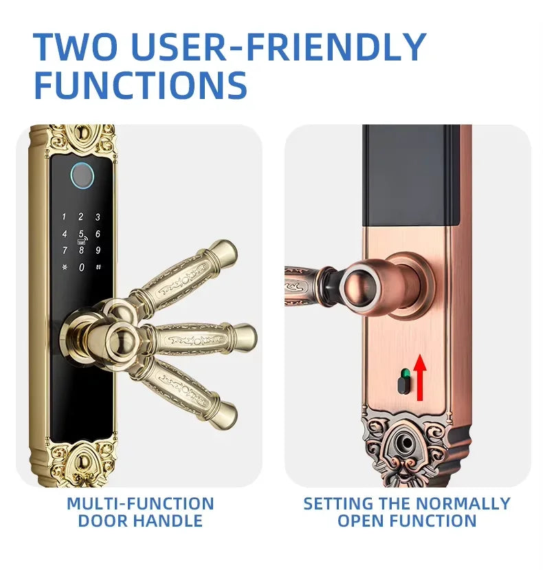 Smart Home Digital Lock Electronic Fingerprint Smart Lock European Home Indoor Door Handle Lock Golden Red Brown Tuya TTlock