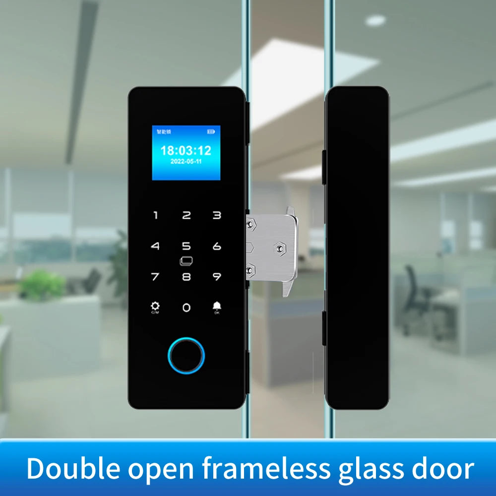 IP65 Bluetooth Smart Glass Door Lock with HAHALock App - Fingerprint/RFID/IC Card Access, Dual Hook Lock & Attendance Tracking