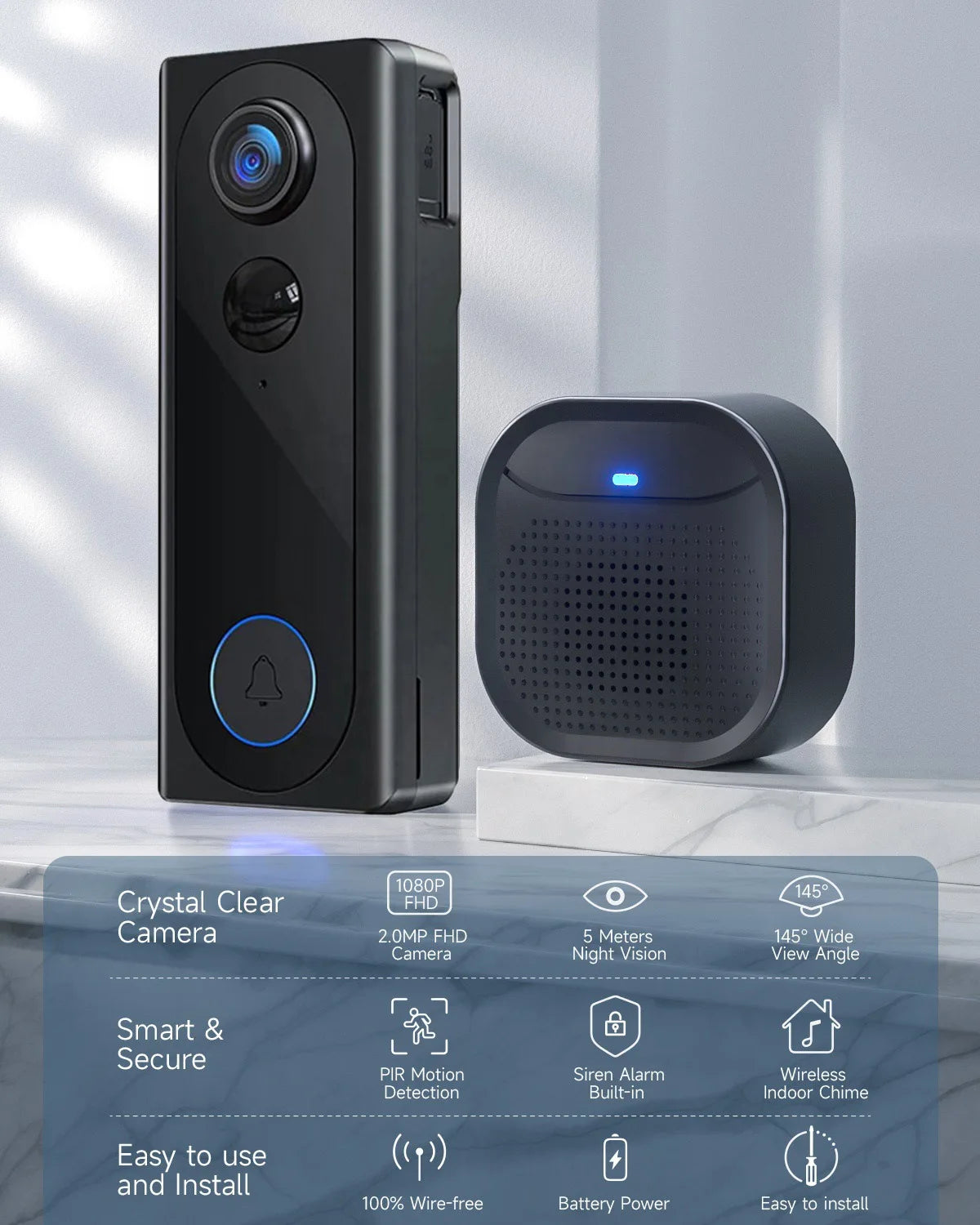 2MP 1080P Wireless WIFI Doorbell With Indoor  Chime 145Degree Wide Angle Video Door Phone Visual Door Peephole Viewer