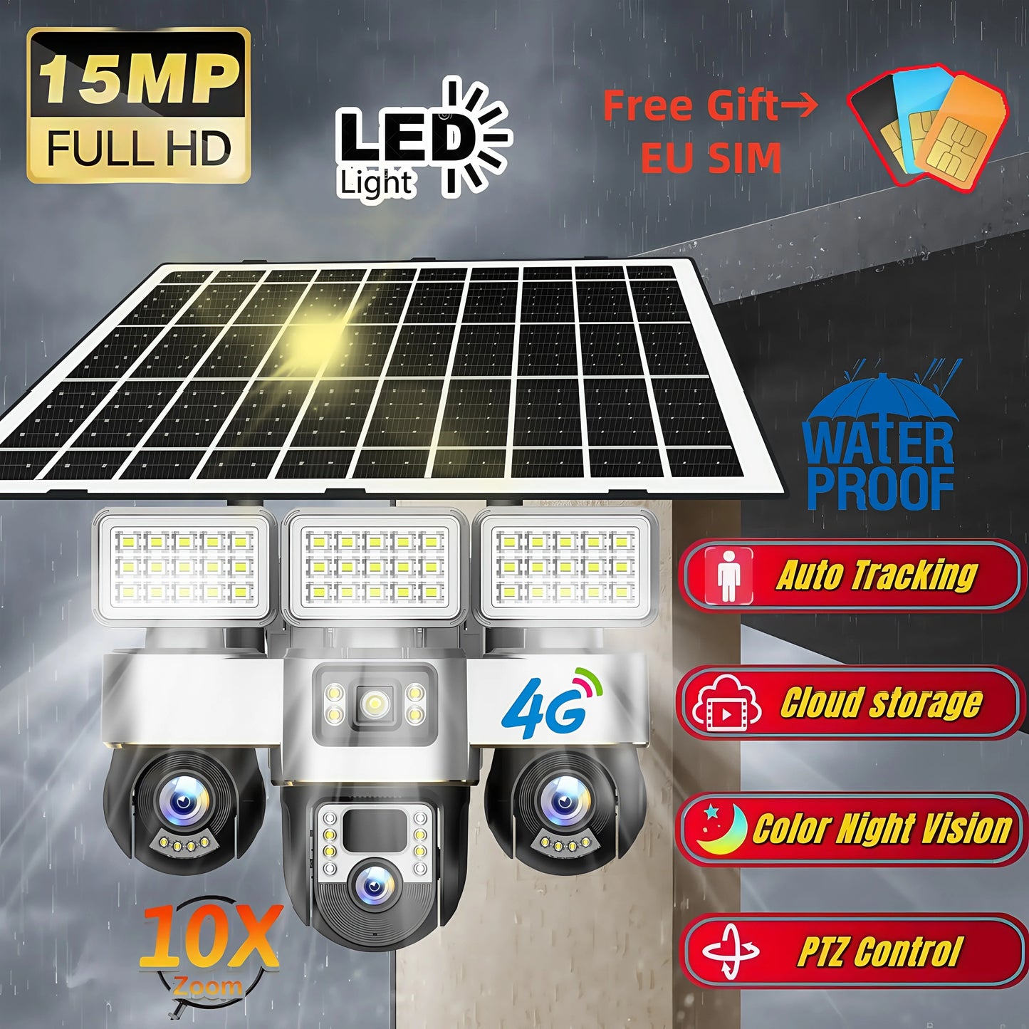 Solar Cameras 4G 15MP Three PTZs Len PIR Human Tracking Security CCTV Surveillance IP Camera PTZs control Wifi security cameras