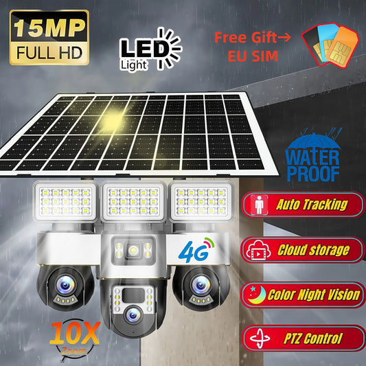 Solar Cameras 4G 15MP Three PTZs Len PIR Human Tracking Security CCTV Surveillance IP Camera PTZs control Wifi security cameras