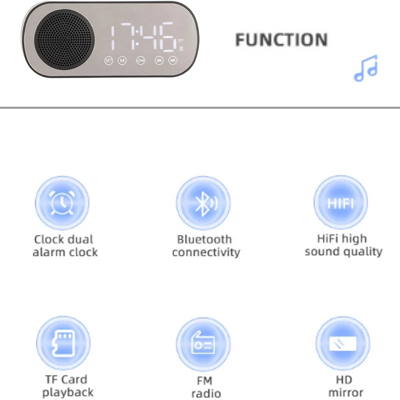 Alarm Clock Bluetooth Speaker, Digital Alarm Clock Radio with LED Mirror Display, Loud Alarm Clock for Heavy Sleepers