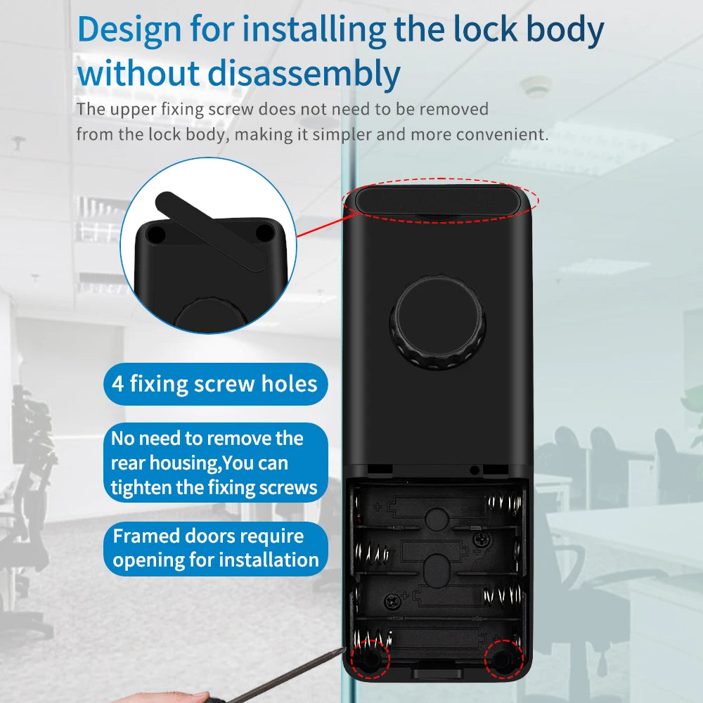 IP65 Bluetooth Smart Glass Door Lock with HAHALock App - Fingerprint/RFID/IC Card Access, Dual Hook Lock & Attendance Tracking