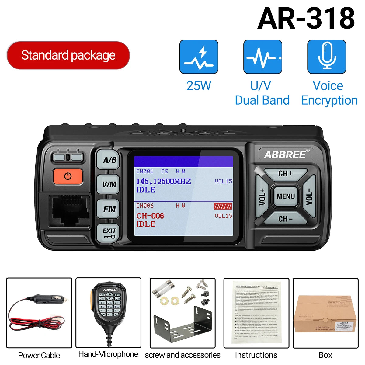 ABBREE Walkie Talkie AR-318 Mini Mobile Radio 25W U/V Band Long Range Dual Mode Watch Voice Encryption Car Walkie Talkie