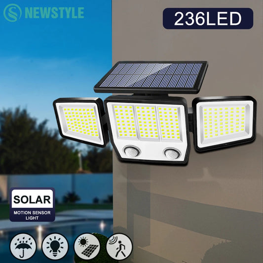 Solar Security Lights Outdoor 236LED Solar Motion Outdoor Lighting 3 Head Wall Lamp Solar Flood Lights Waterproof Garden Door