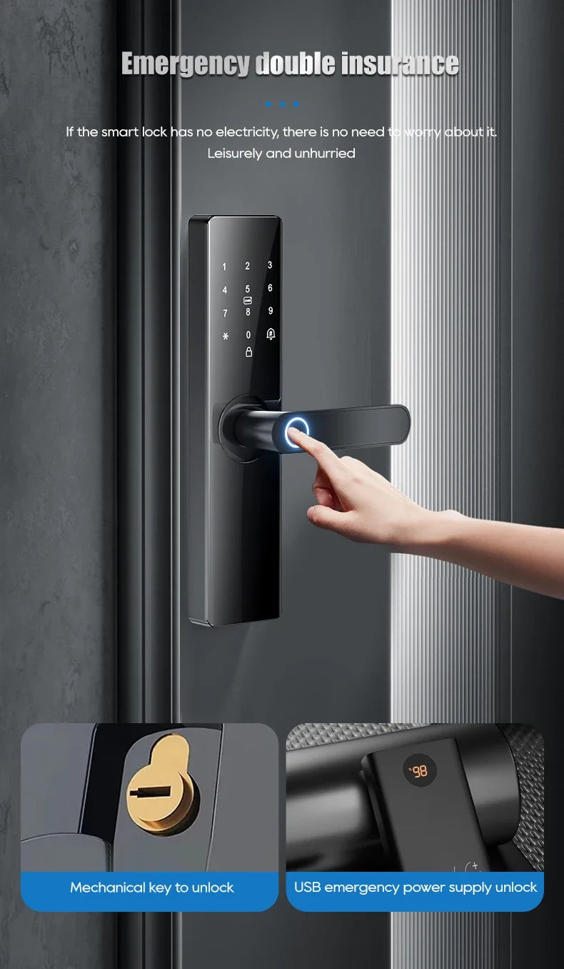Smart Card Key Access and USB Emergency Charging Smartlock Smart Electronic Door Lock Fingerprint Biometrics Application Control