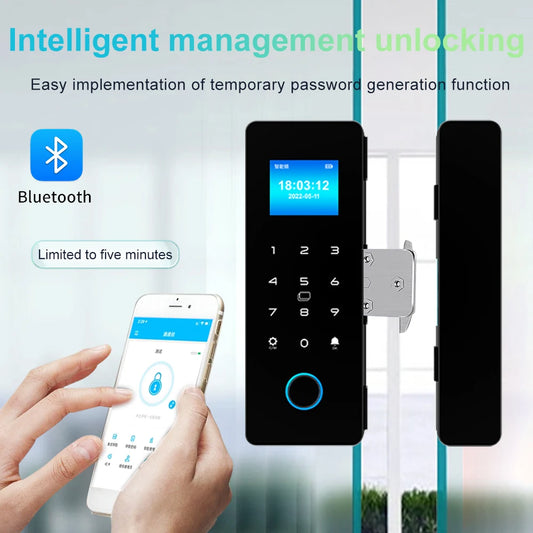 IP65 Bluetooth Smart Glass Door Lock with HAHALock App - Fingerprint/RFID/IC Card Access, Dual Hook Lock & Attendance Tracking