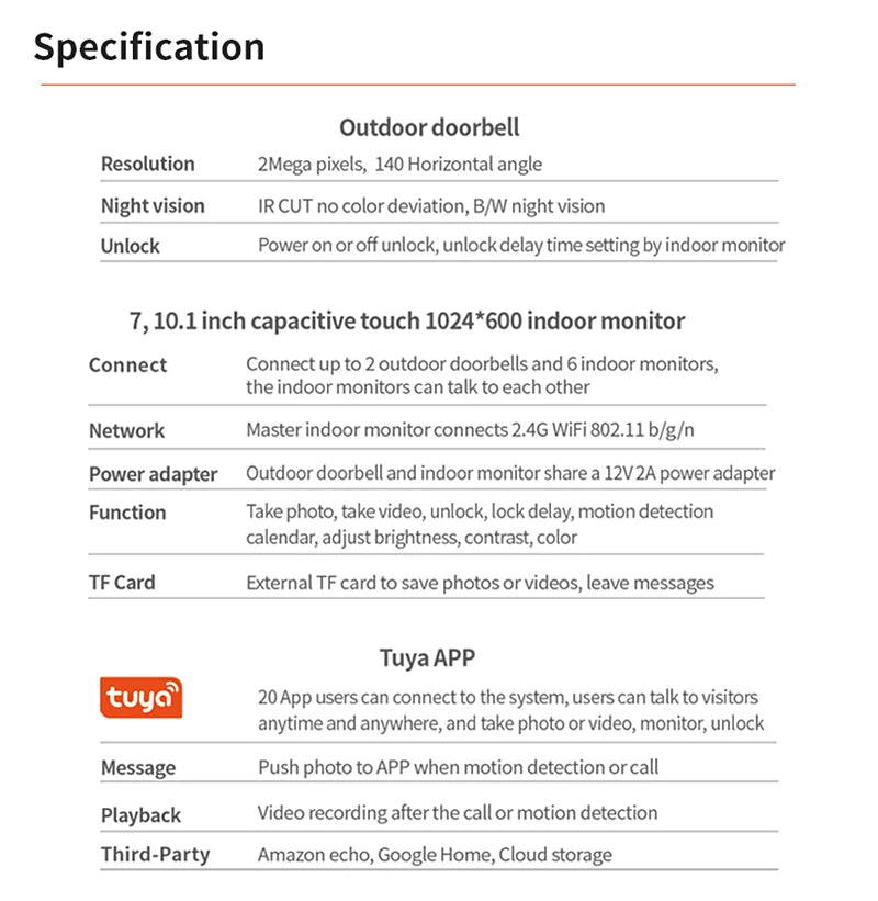 7 Inch Tuya Video Doorbell WiFi Outdoor Door Bell Waterproof IP65 Intercom Smart Home  Door Phone Camera