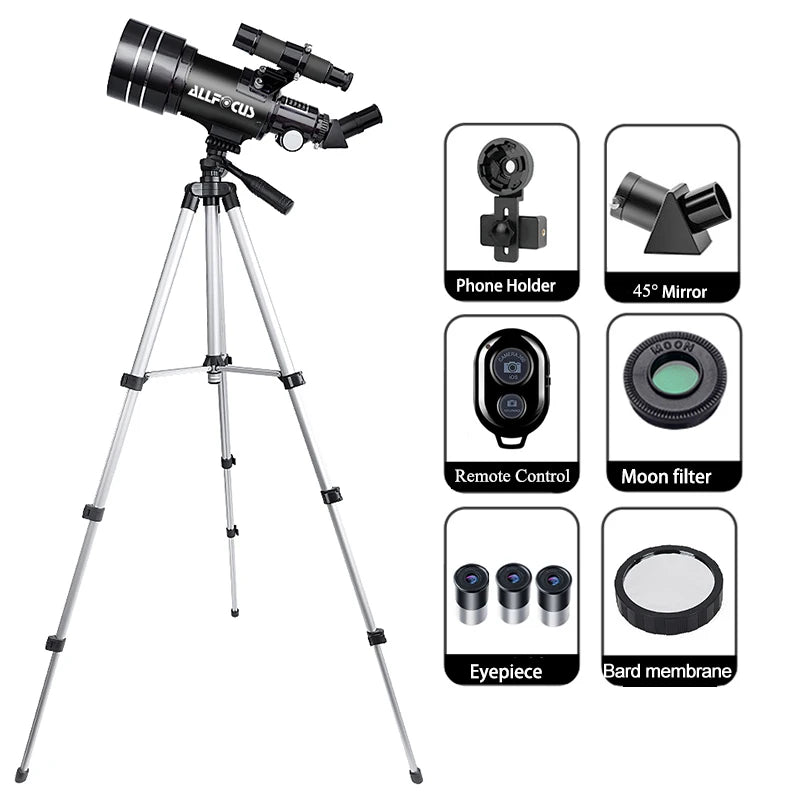 ALLFOCUS 150X Astronomical Telescope , 70mm Aperture Refractor Portable Travel Telescope with Phone Adapter &Wireless Remote