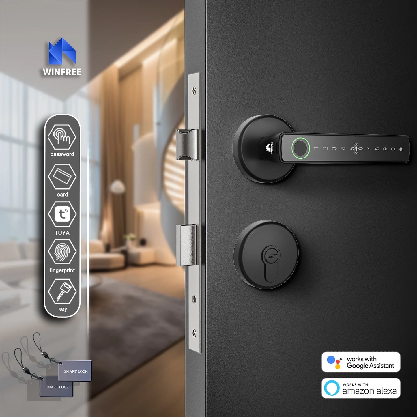 WINFREE SMART Interior Wooden Door Lock, Tuya Bluetooth Smart Key Lock, Smart Card Passcode Fingerprint Keyless Lock