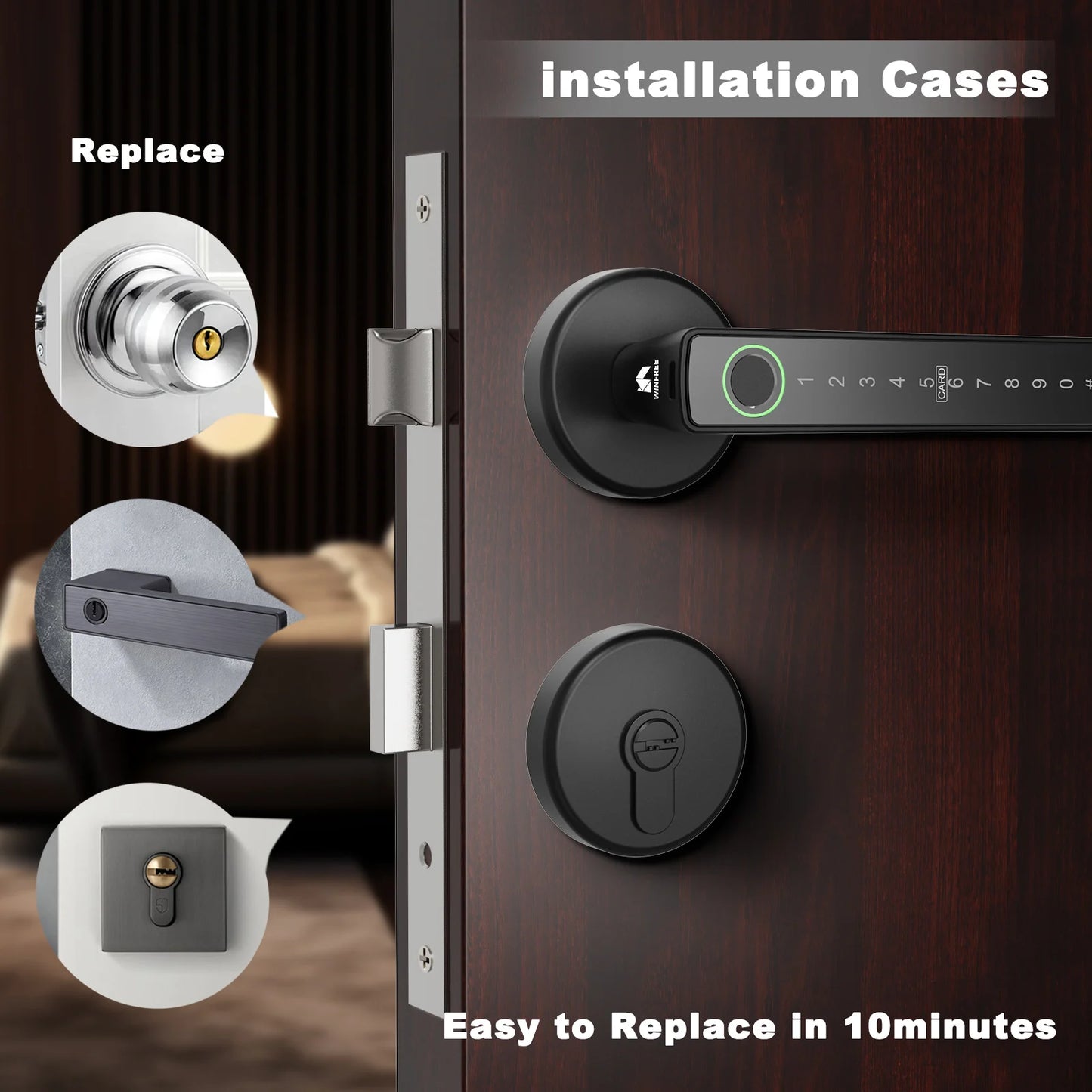 WINFREE SMART Interior Wooden Door Lock, Tuya Bluetooth Smart Key Lock, Smart Card Passcode Fingerprint Keyless Lock