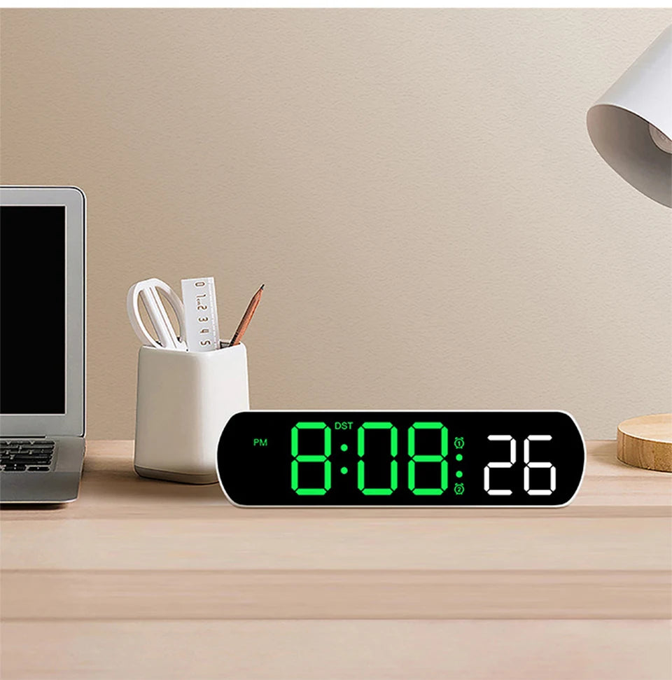 Voice Activated Multifunction Digital Alarm Clock LED Timer Clock 12/24H Temperature Date Display Desktop Alarm Clock Night Mode