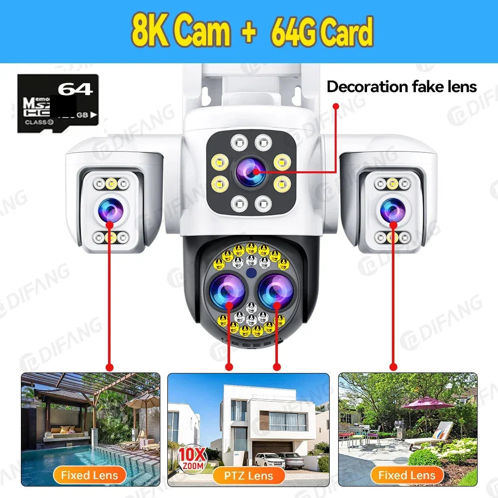 Security Protection 8K WiFi Camera Outdoor Four Lens Triple Screen 10X Zoom 360° CCTV Surveillance Ai Yoosee 16MP Security Cam