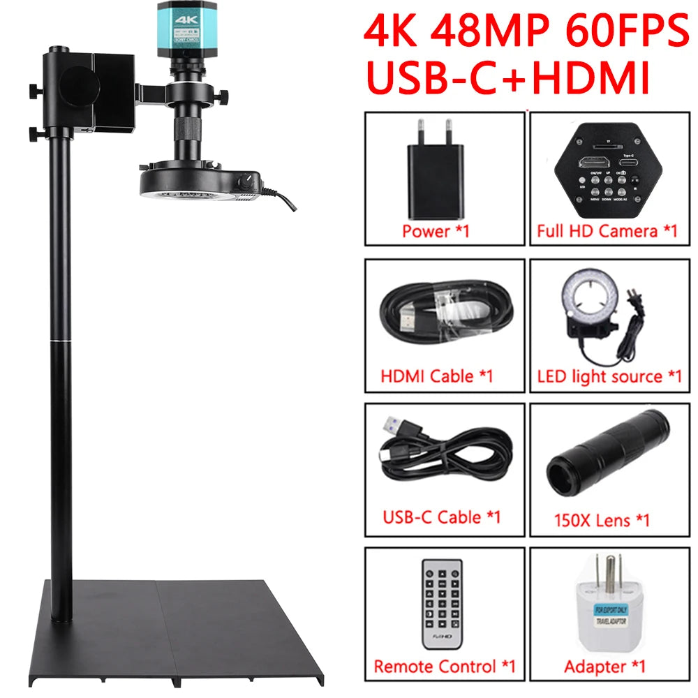 4K Microscope 48MP Digital Microscope For Electronics USB Industrial Cameras HDMI 1-180X Zoom C-Mount Lens Phone Pcb Soldering