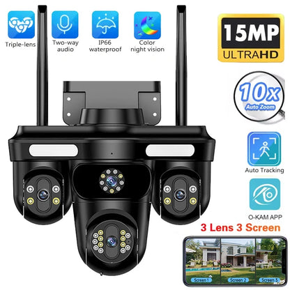 Intelligent Surveillance Camera Auto Tracking Three Screen Three Lens 15MP HD WIFI IP Camera IP66 Waterproof CCTV Security Cam