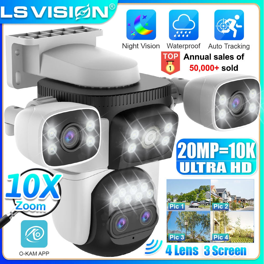 LS VISION 10K Security Camera WiFi Camera 10X Zoom Three Screen Home Wireless Surveillance Cameras CCTV Camera Human Detection