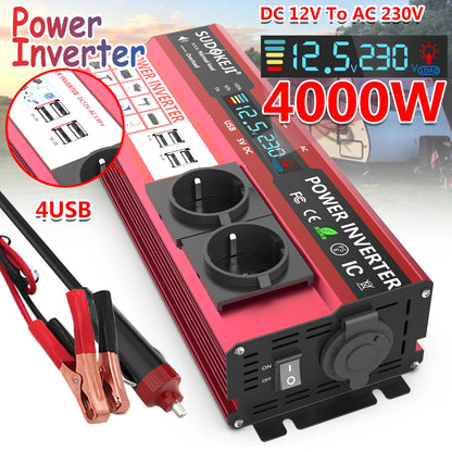 Power Inverter 2000W 3000W 4000W DC 12V To AC 220V Transformer with USB  Universal Socket Charge with LED Display for RV