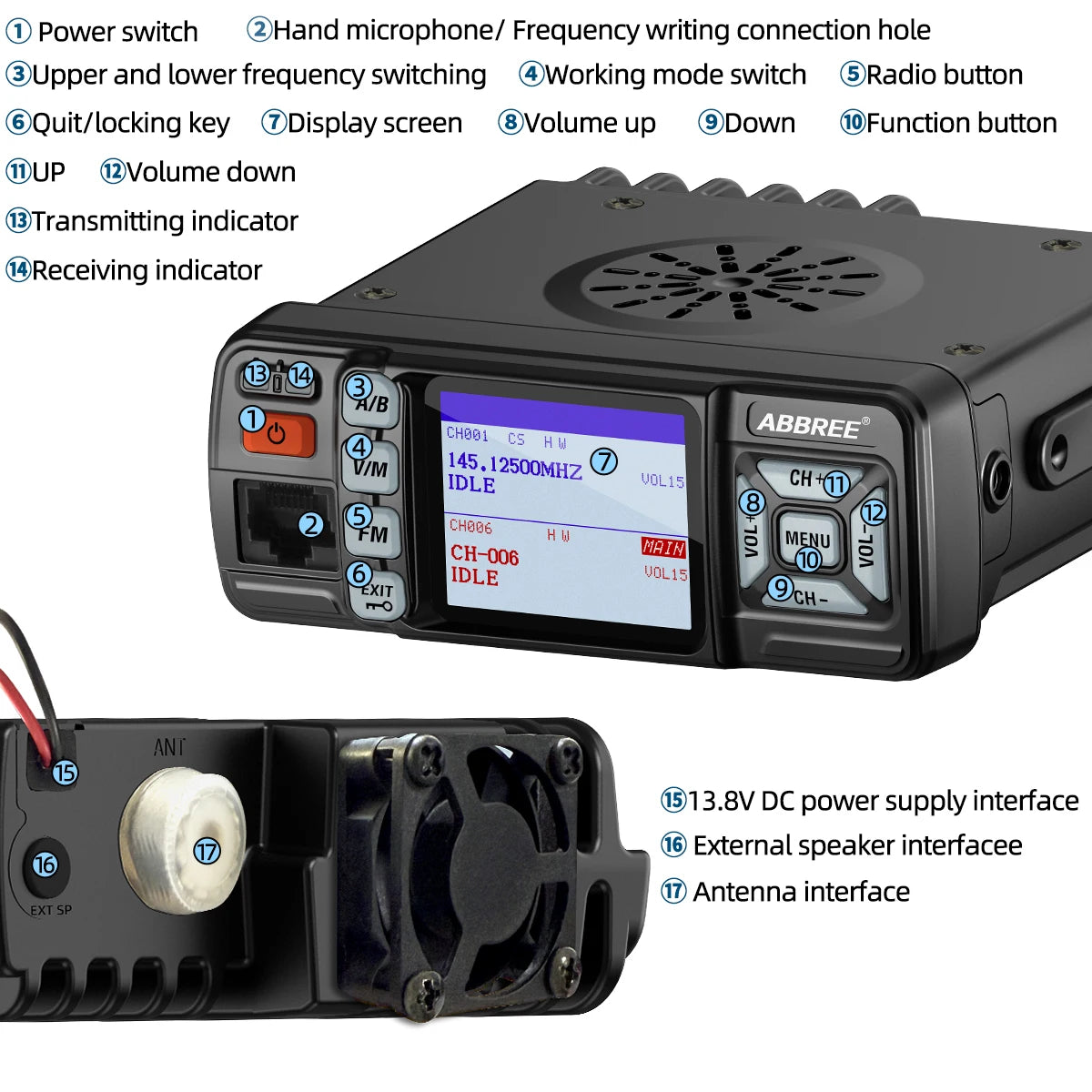 ABBREE Walkie Talkie AR-318 Mini Mobile Radio 25W U/V Band Long Range Dual Mode Watch Voice Encryption Car Walkie Talkie