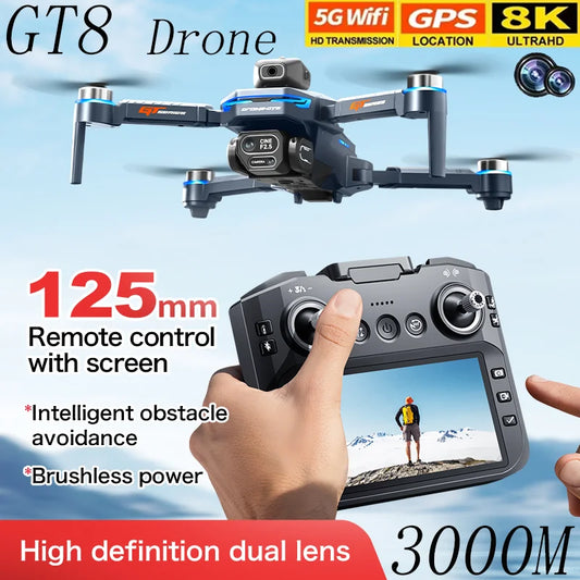 2025 NEW GT8  Rc Drone 8K Profesional HD Dual Camera With Screen FPV WIFI Brushless Motor Obstacle Avoidance FPV Quadcopter Toys