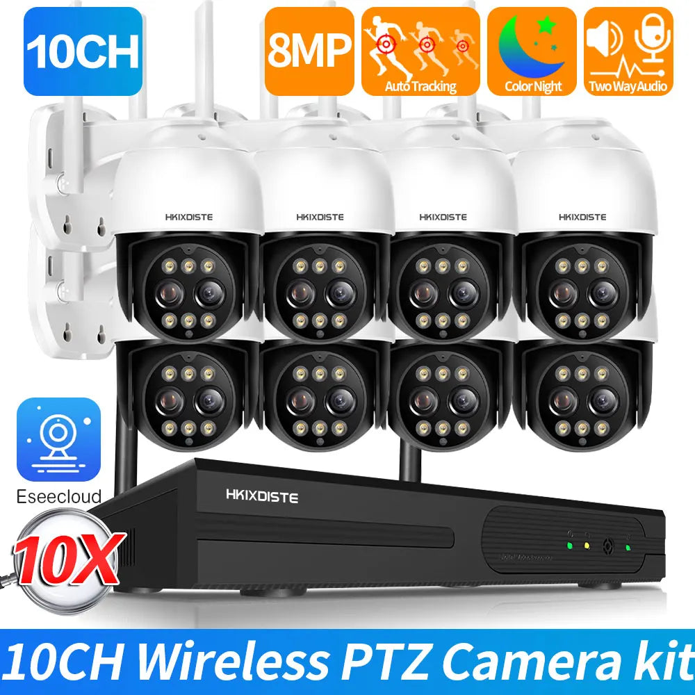4K 8MP WiFi Security Camera System Kit Wireless CCTV System 10CH NVR Outdoor PTZ Two-Way Audio Video Surveillance Cameras P2P