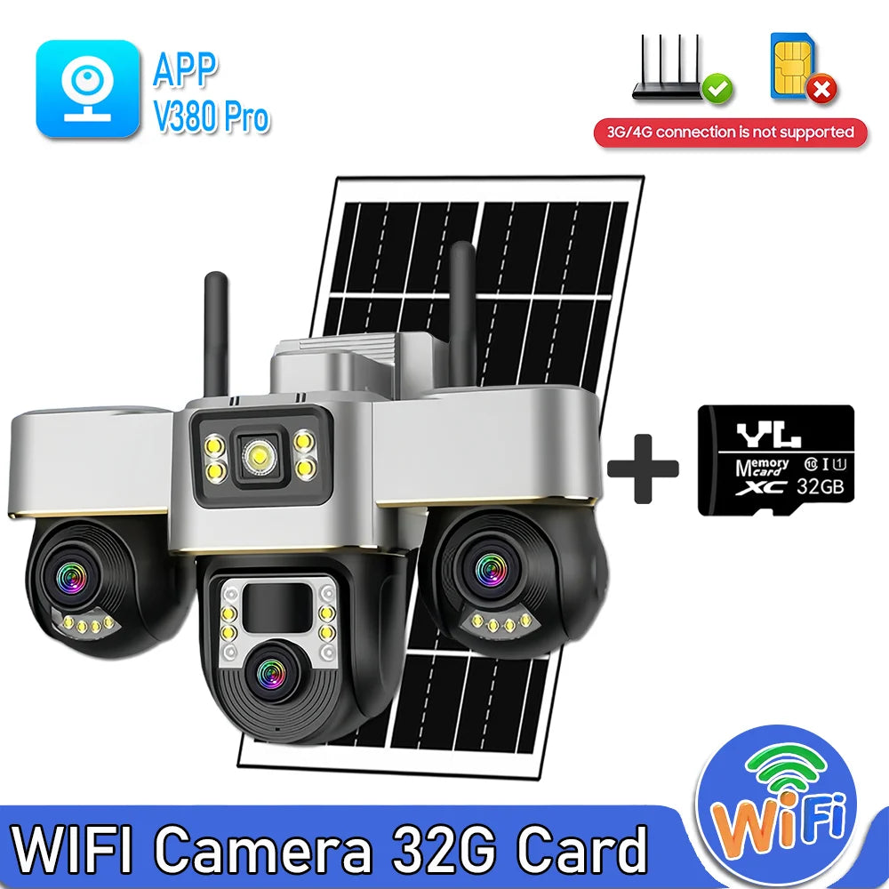 WIFI Security Solar Camera 15MP PIR Human Detection Outdoor Waterproof Monitor CCTV Night Vision 3 Motorized PTZ Lens IP Camera