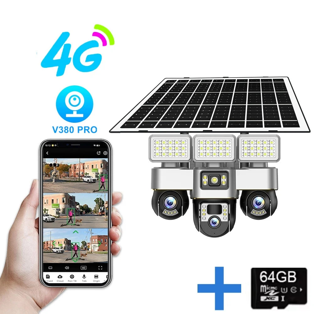 Solar Cameras 4G 15MP Three PTZs Len PIR Human Tracking Security CCTV Surveillance IP Camera PTZs control Wifi security cameras