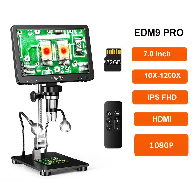 Elikliv EDM9 7 Inch 1080P LCD Digital Microscope 50X-1200X Soldering Electronics Microscopes With LED Lights Support PC Computer