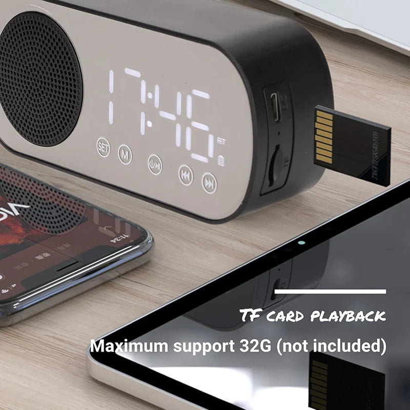 Alarm Clock Bluetooth Speaker, Digital Alarm Clock Radio with LED Mirror Display, Loud Alarm Clock for Heavy Sleepers