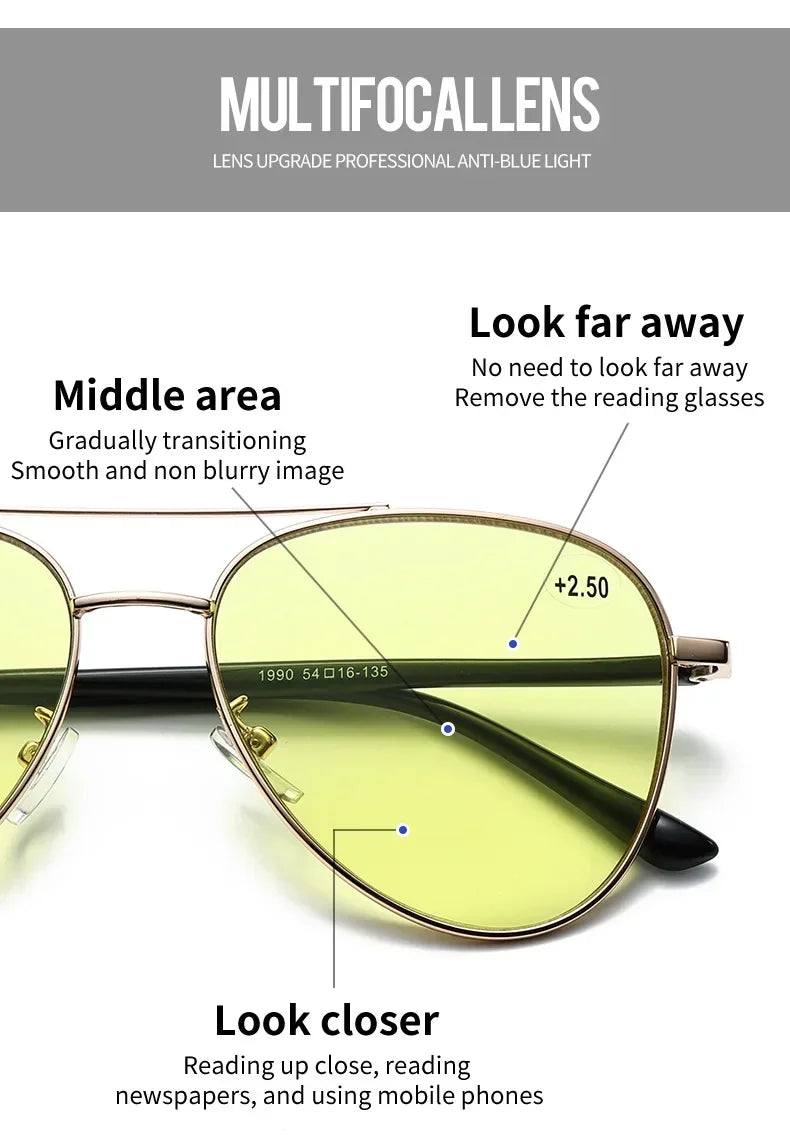 Retro Double Beam Large Frame Presbyopia Glasses Night Vision Photochromic Multifocal Reading Glasses Anti Blue Light Eyeglasses