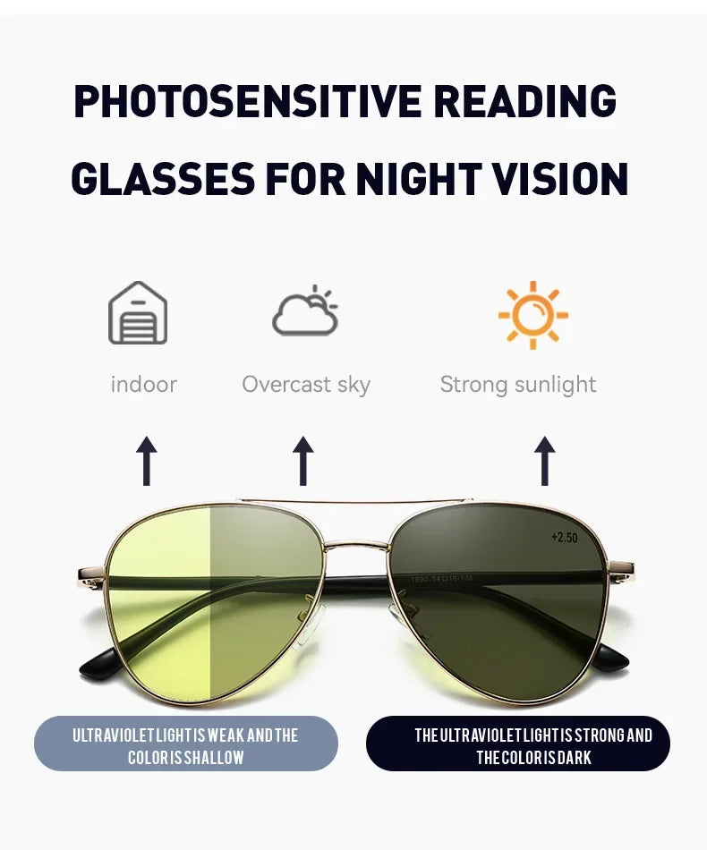Retro Double Beam Large Frame Presbyopia Glasses Night Vision Photochromic Multifocal Reading Glasses Anti Blue Light Eyeglasses