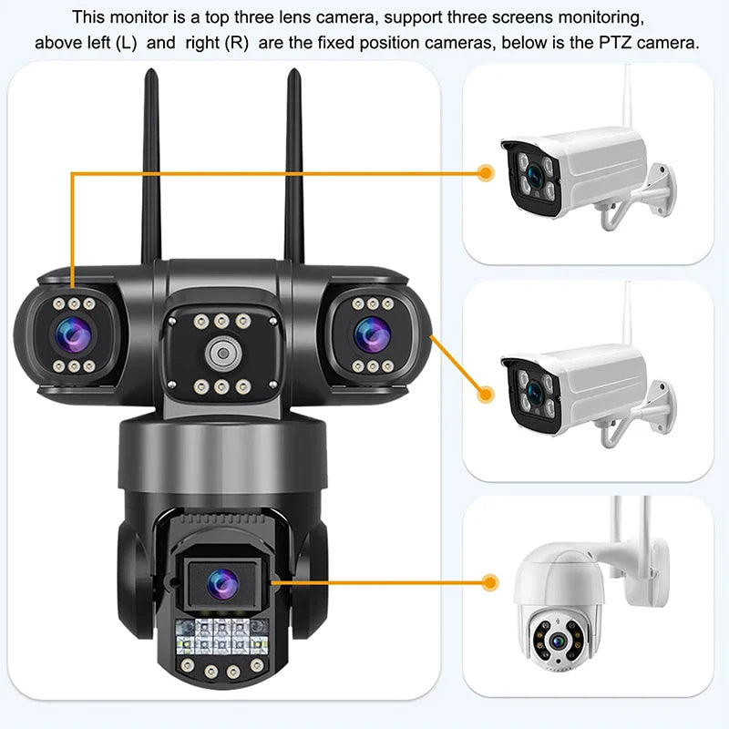 CCTV WiFi IP Camera Outdoor 12MP 6K Triple Lenses Triple Screens Security Video Monitor Night Vision Waterproof CCTV Cameras New