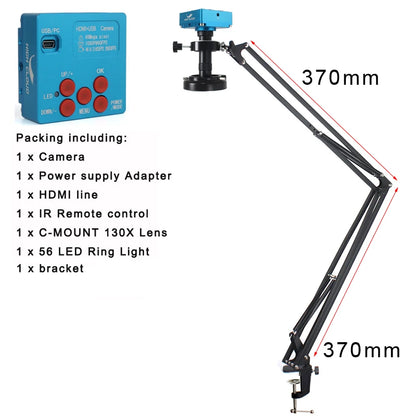 48MP 4K 1080P HDMI USB Industrial Digital Microscope Camera with C-Mount Lens 130X Zoom Cantilever Stand for Repair Soldering