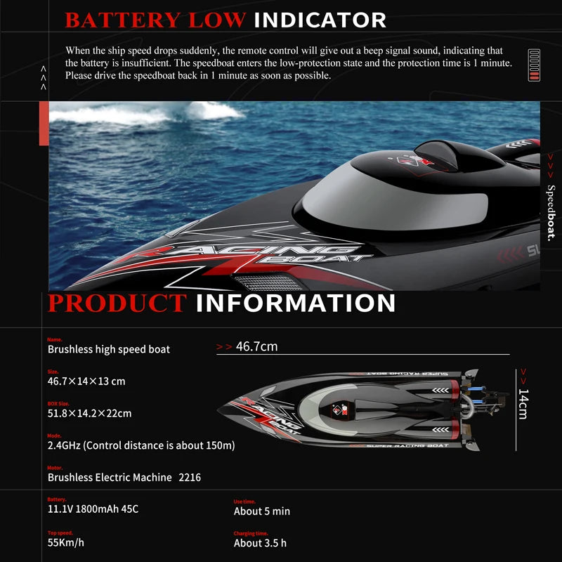 WLtoys WL916 RC Boat 55KM/H Brushless 2.4G Radio Electric High Speed Super Racing Boat Model Water Speedboat Kids Gifts RC Toys