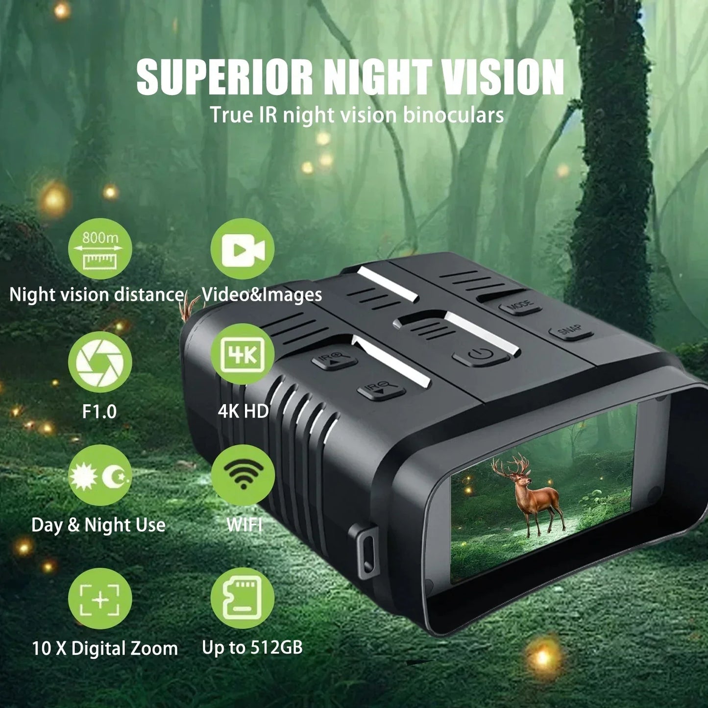 2025 New Video Recorder 4K Night Vision Binoculars 10x Digital Zoom 800m Range 8W Infrared WiFi Telescope for Hunting Camping