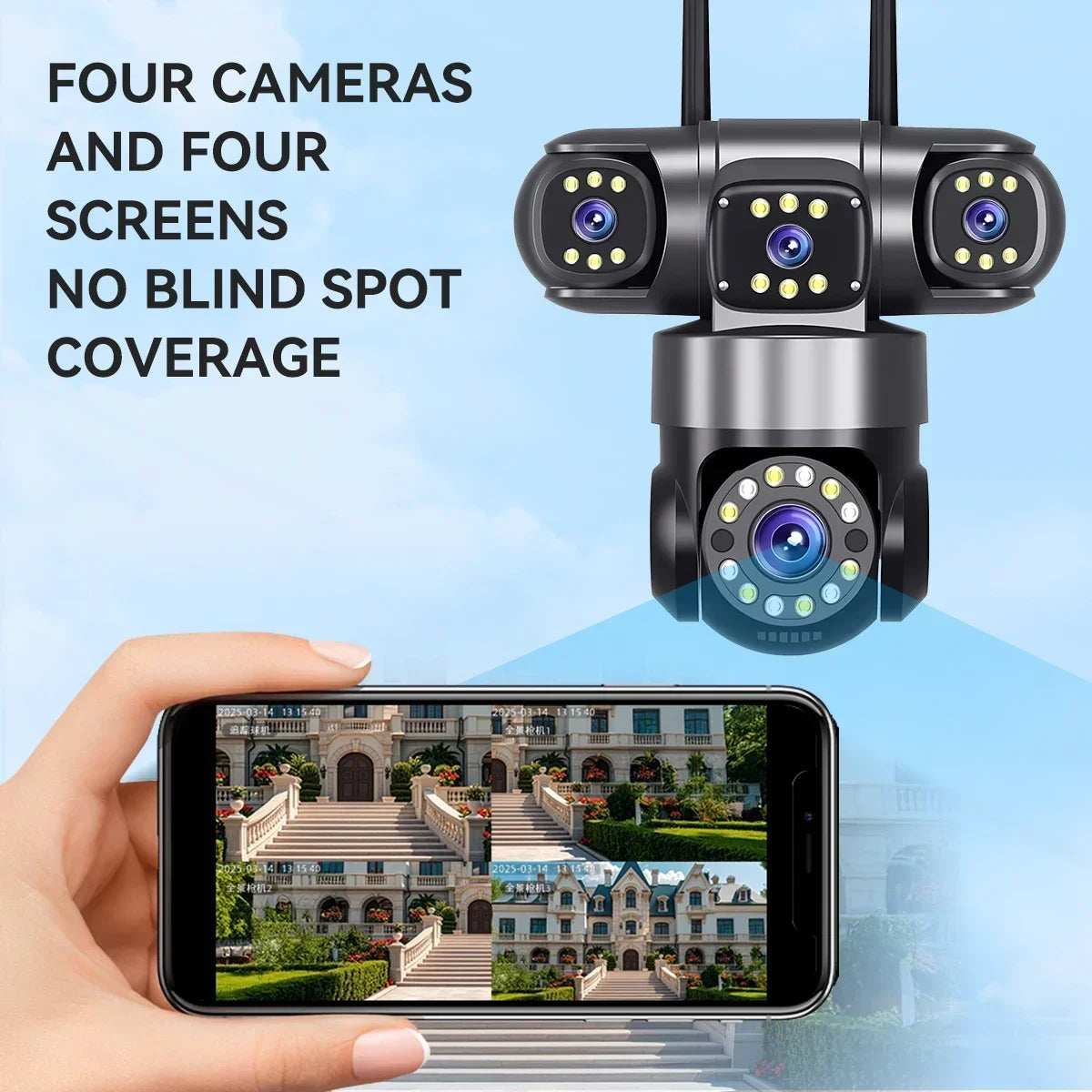 Security Camera 4 4K WiFi Security Cameras Four Len Three Screens 16X Zoom PTZ Auto Trac ...