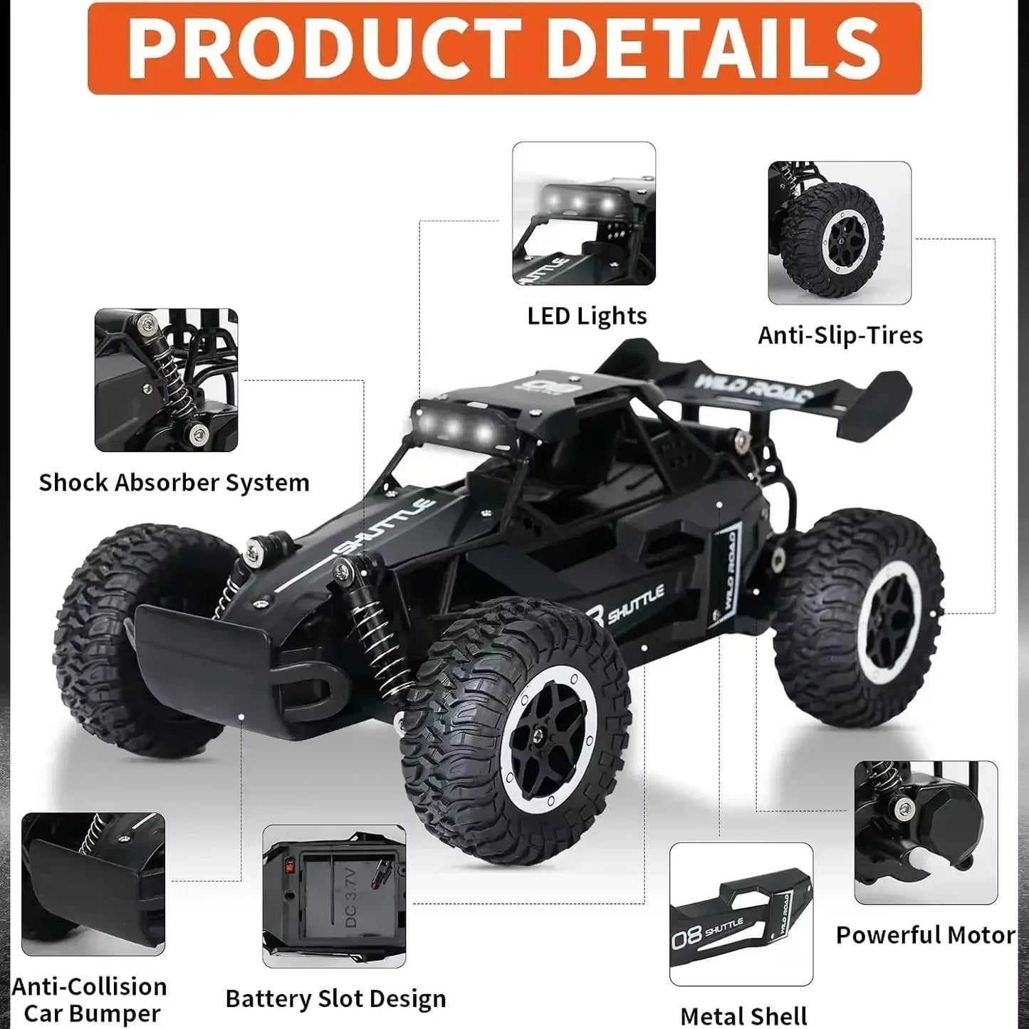 RC Car Truck 1:16 2.4Ghz All Terrain Off-Road Monster High Speed 20KM/h Remote Control Car with LED Headlights Toy Birthday Gift