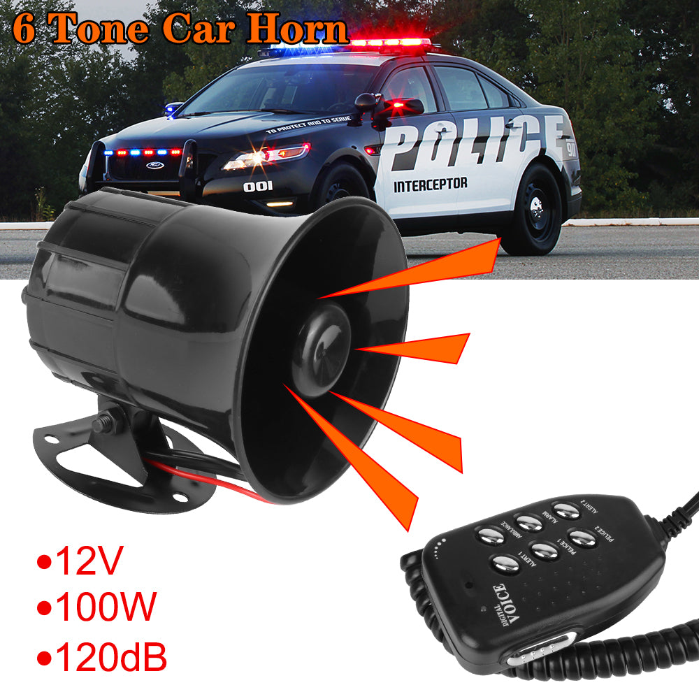 Car Warning Alarm Megaphone 120DB Loud Multi-tone Claxon Horn 6 Tone Air Horn 12V 100W Police Siren Loud Speaker Car Horn